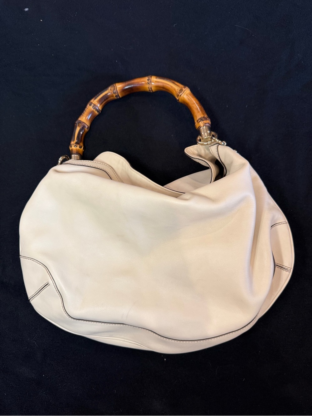 Gucci Vintage Off White Leather Hobo Bag with Bamboo Handle
